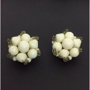 White Beaded Cluster Clip Earrings Church Lady Grandma Vintage